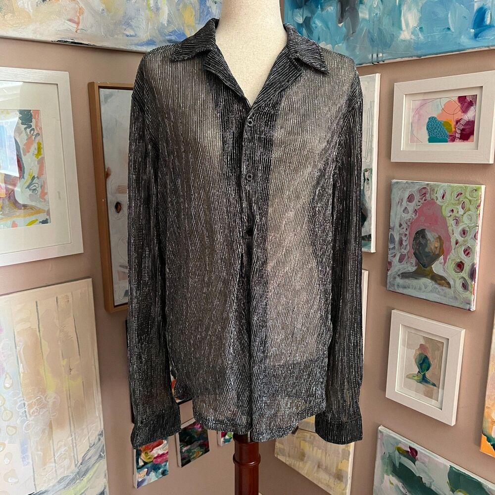 Metallic Button Up Shirt y2k Top Glam Party Whimsigoth Shimmer 90s Party Size M